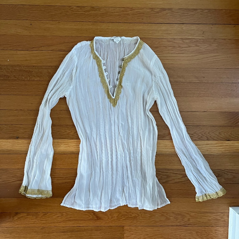 Cache White Blouse with Gold Trim